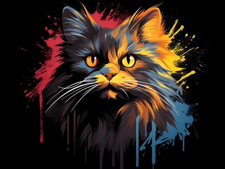 Colorful Cat Face Head Vivid Colors Pop Art Vector Illustrations Black Background (817)