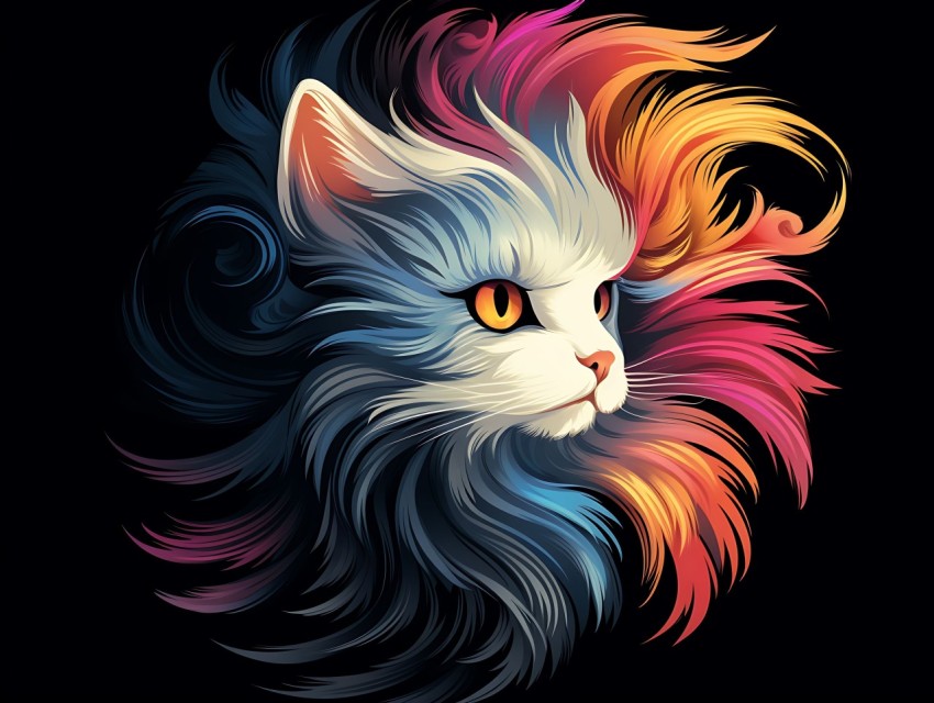 Colorful Cat Face Head Vivid Colors Pop Art Vector Illustrations Black Background (802)