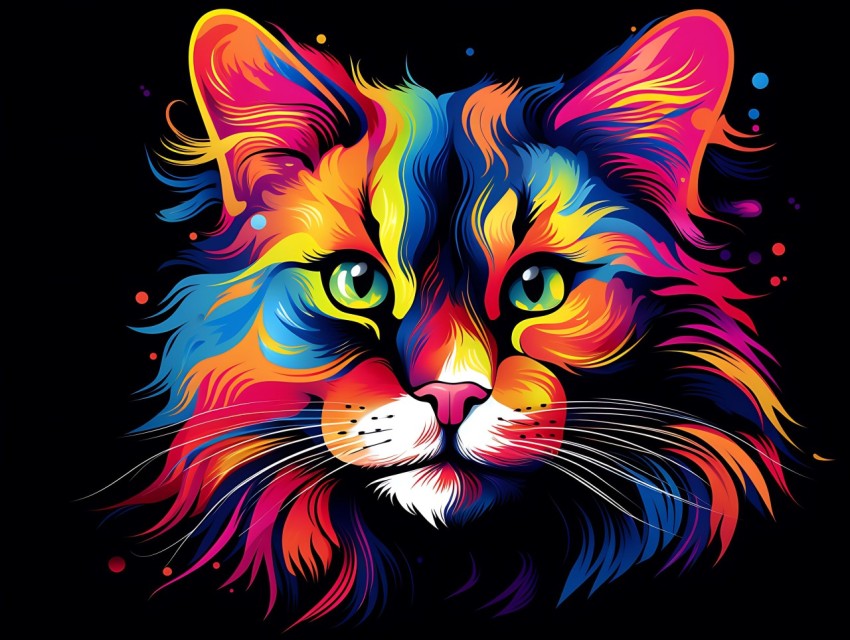 Colorful Cat Face Head Vivid Colors Pop Art Vector Illustrations Black Background (818)