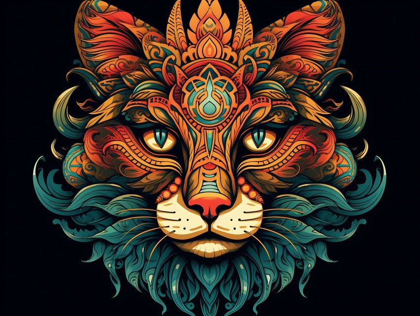 Colorful Cat Face Head Vivid Colors Pop Art Vector Illustrations Black Background (816)