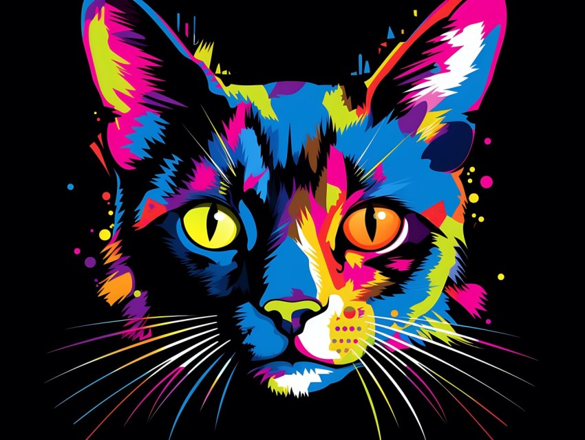 Colorful Cat Face Head Vivid Colors Pop Art Vector Illustrations Black Background (844)