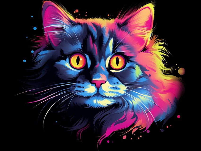 Colorful Cat Face Head Vivid Colors Pop Art Vector Illustrations Black Background (834)