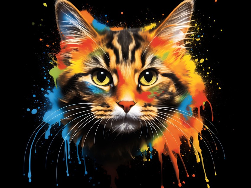 Colorful Cat Face Head Vivid Colors Pop Art Vector Illustrations Black Background (849)