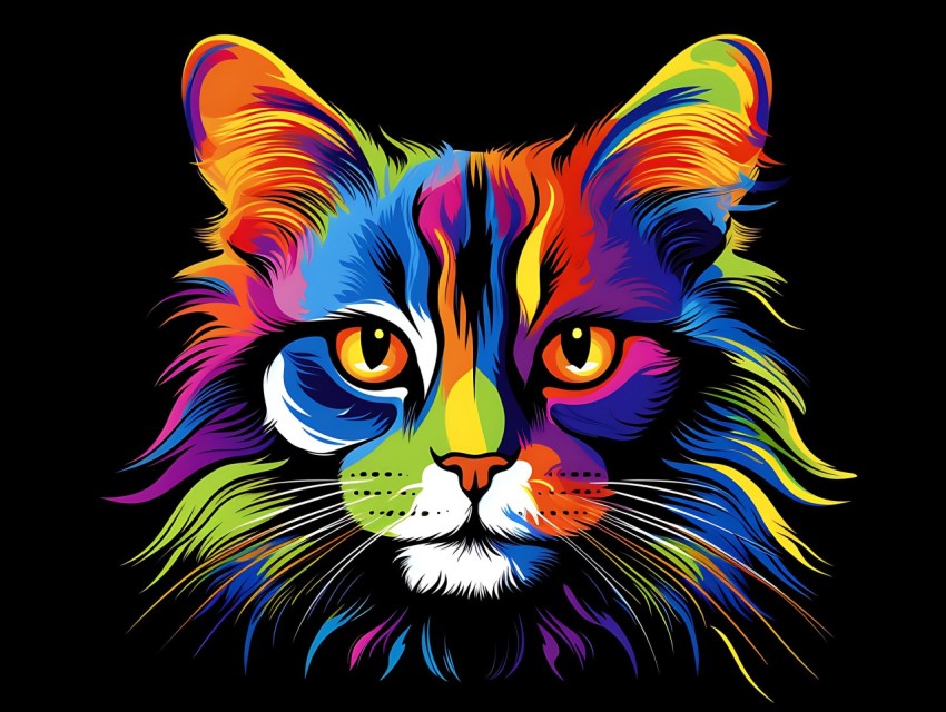 Colorful Cat Face Head Vivid Colors Pop Art Vector Illustrations Black Background (808)