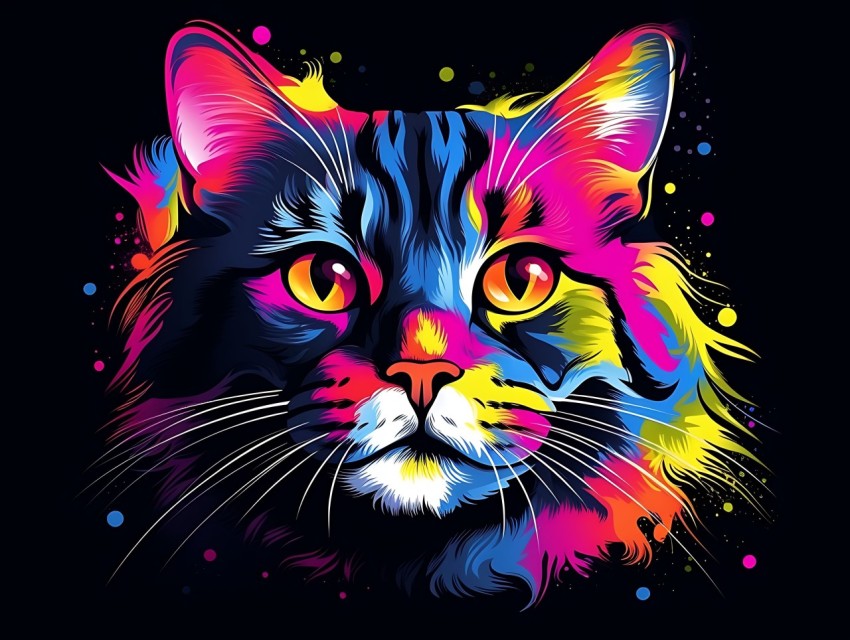 Colorful Cat Face Head Vivid Colors Pop Art Vector Illustrations Black Background (831)