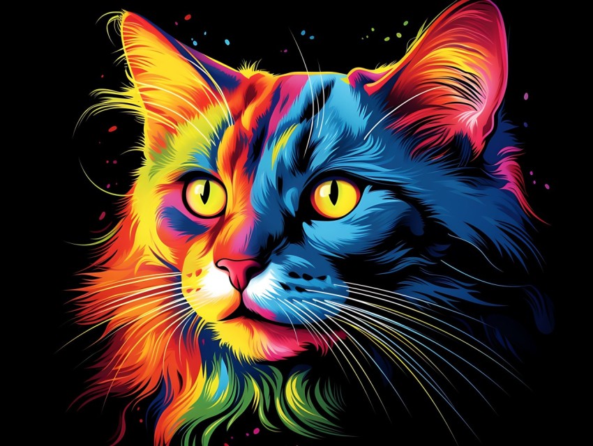 Colorful Cat Face Head Vivid Colors Pop Art Vector Illustrations Black Background (846)