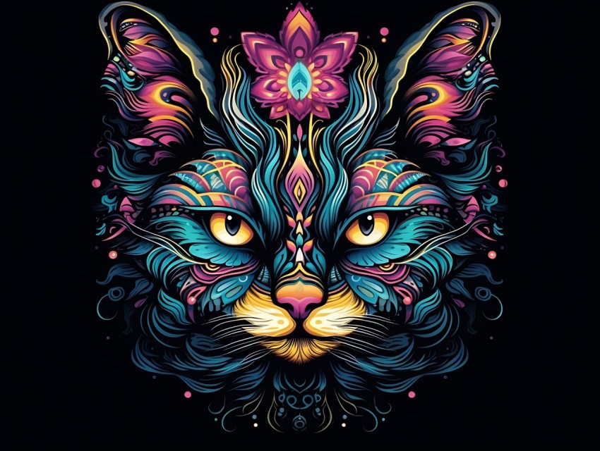 Colorful Cat Face Head Vivid Colors Pop Art Vector Illustrations Black Background (819)