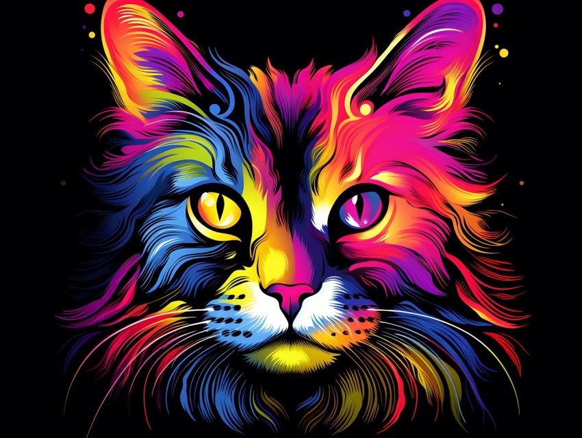 Colorful Cat Face Head Vivid Colors Pop Art Vector Illustrations Black Background (829)