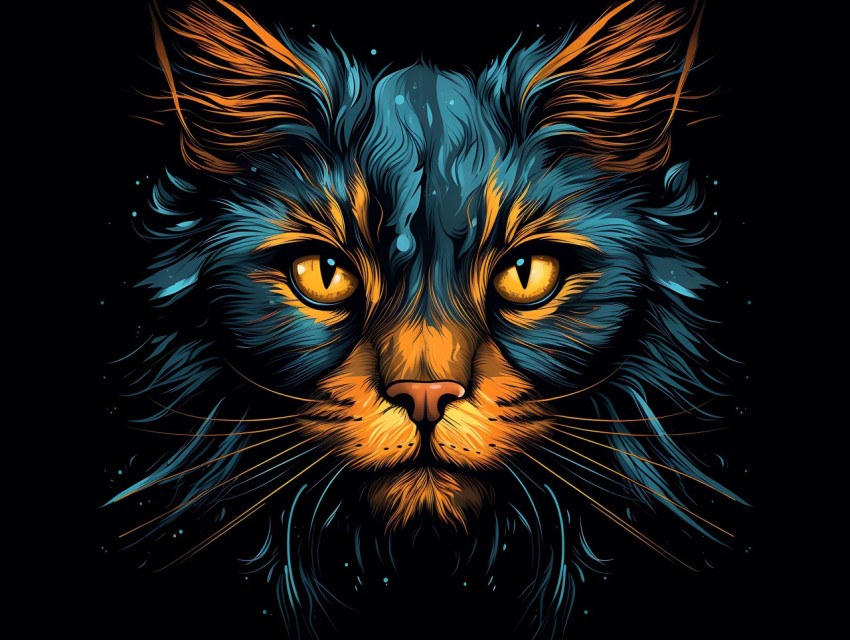 Colorful Cat Face Head Vivid Colors Pop Art Vector Illustrations Black Background (827)