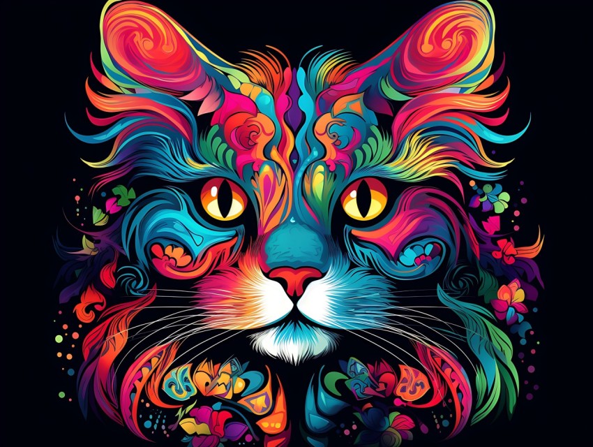 Colorful Cat Face Head Vivid Colors Pop Art Vector Illustrations Black Background (821)