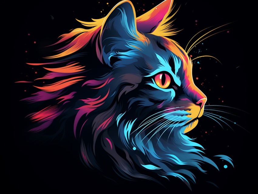 Colorful Cat Face Head Vivid Colors Pop Art Vector Illustrations Black Background (874)
