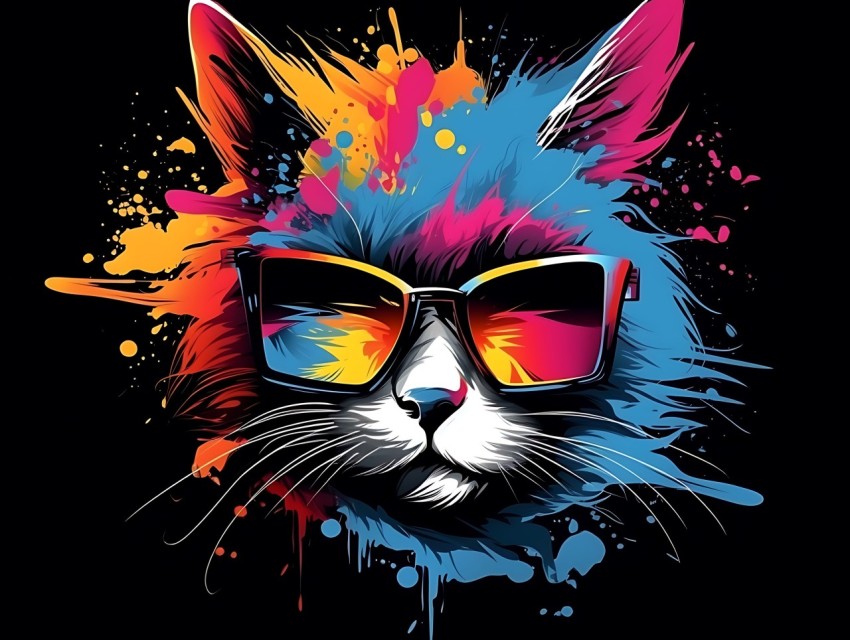 Colorful Cat Face Head Vivid Colors Pop Art Vector Illustrations Black Background (851)