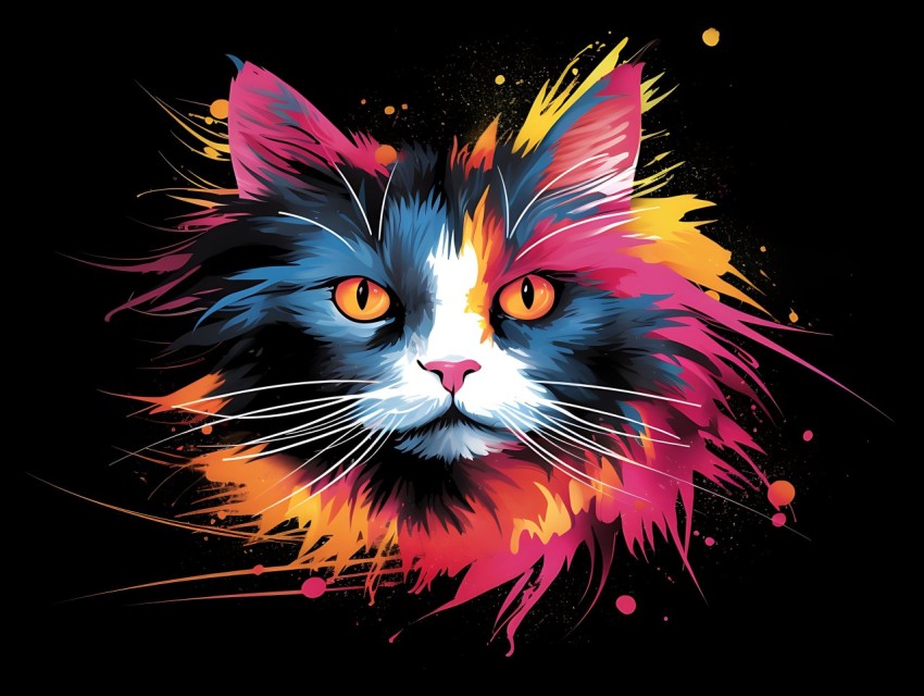 Colorful Cat Face Head Vivid Colors Pop Art Vector Illustrations Black Background (906)