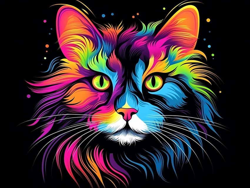 Colorful Cat Face Head Vivid Colors Pop Art Vector Illustrations Black Background (859)