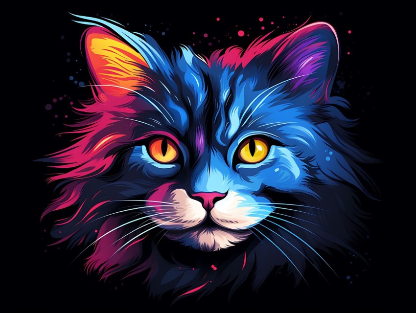 Colorful Cat Face Head Vivid Colors Pop Art Vector Illustrations Black Background (887)