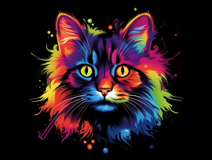 Colorful Cat Face Head Vivid Colors Pop Art Vector Illustrations Black Background (883)