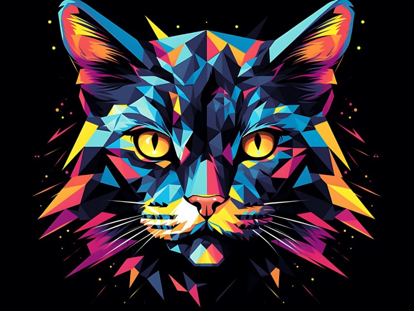 Colorful Cat Face Head Vivid Colors Pop Art Vector Illustrations Black Background (904)
