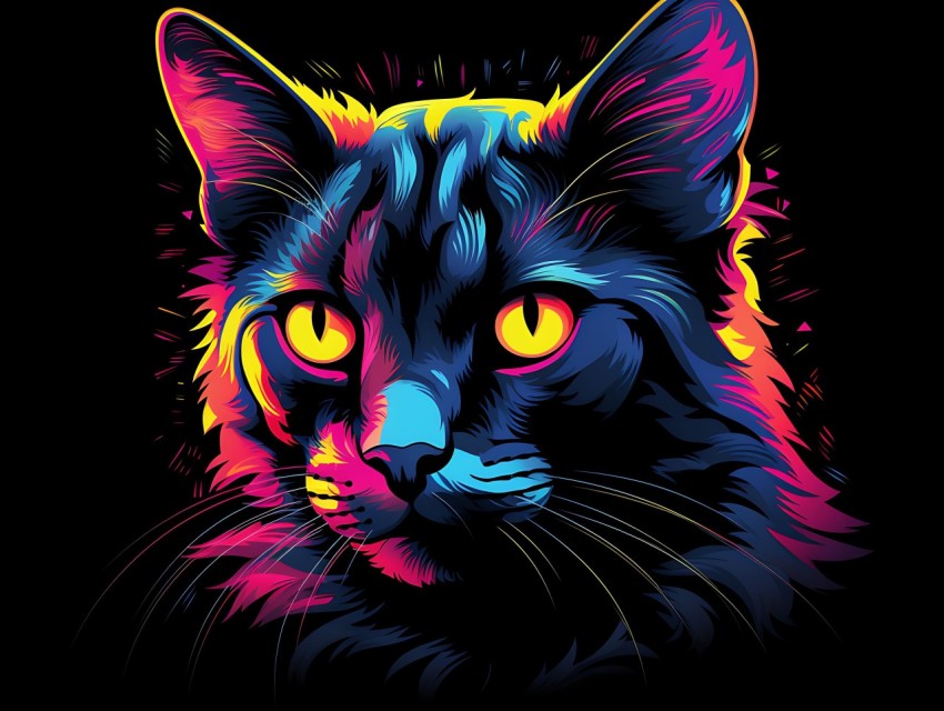 Colorful Cat Face Head Vivid Colors Pop Art Vector Illustrations Black Background (856)