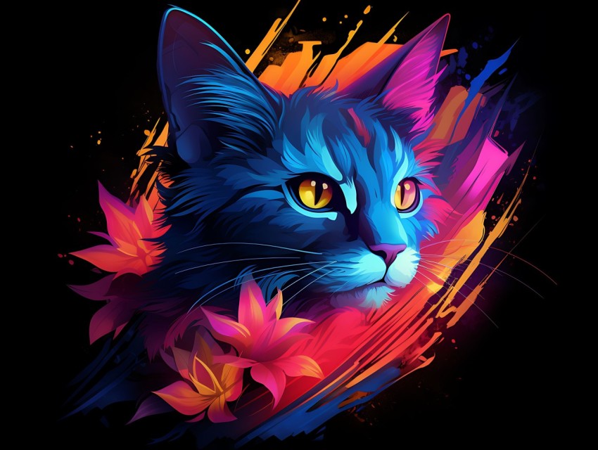 Colorful Cat Face Head Vivid Colors Pop Art Vector Illustrations Black Background (881)