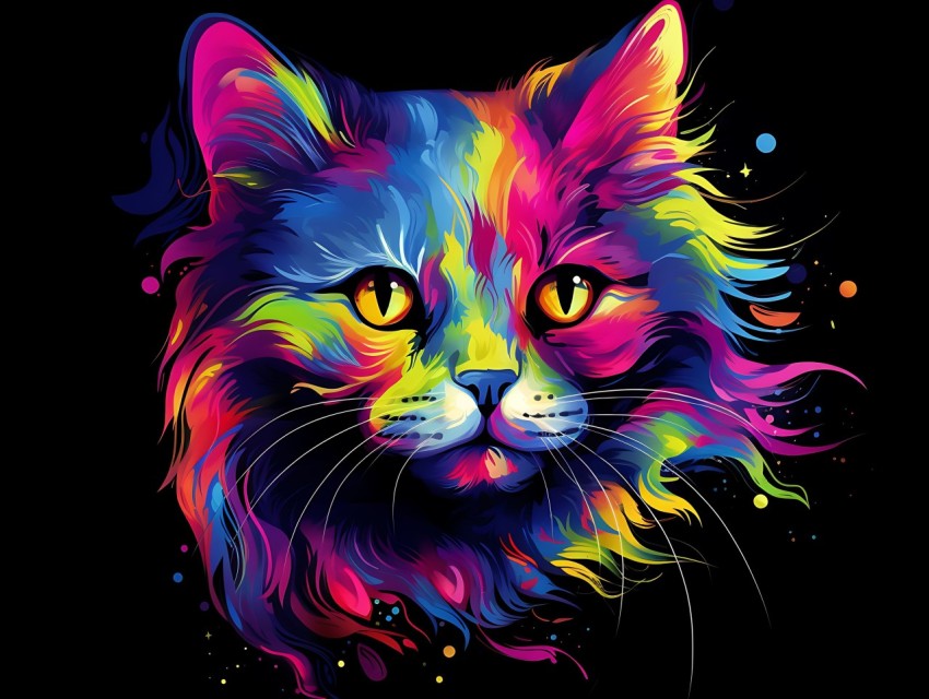 Colorful Cat Face Head Vivid Colors Pop Art Vector Illustrations Black Background (882)