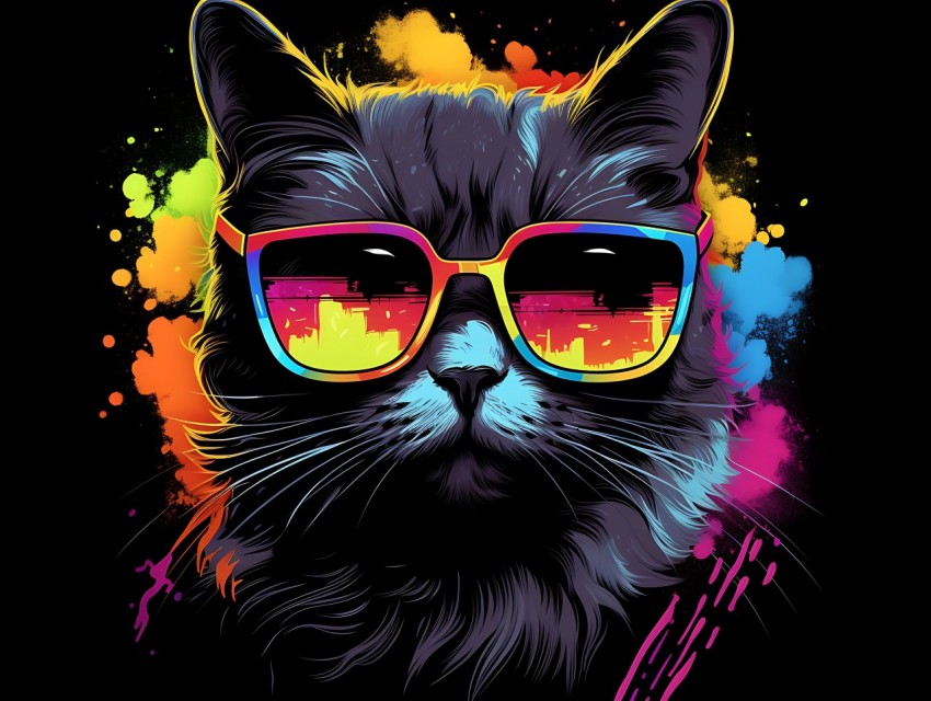 Colorful Cat Face Head Vivid Colors Pop Art Vector Illustrations Black Background (889)