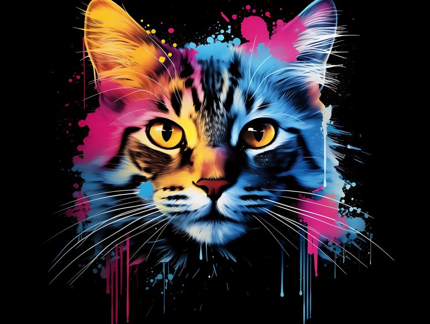 Colorful Cat Face Head Vivid Colors Pop Art Vector Illustrations Black Background (885)