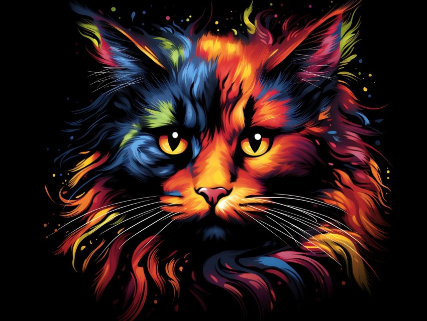 Colorful Cat Face Head Vivid Colors Pop Art Vector Illustrations Black Background (861)