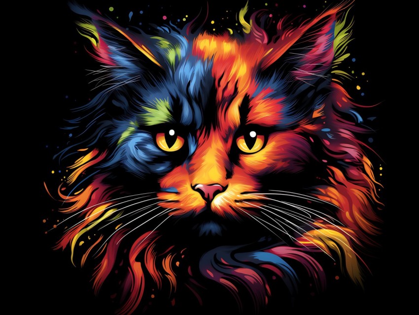 Colorful Cat Face Head Vivid Colors Pop Art Vector Illustrations Black ...