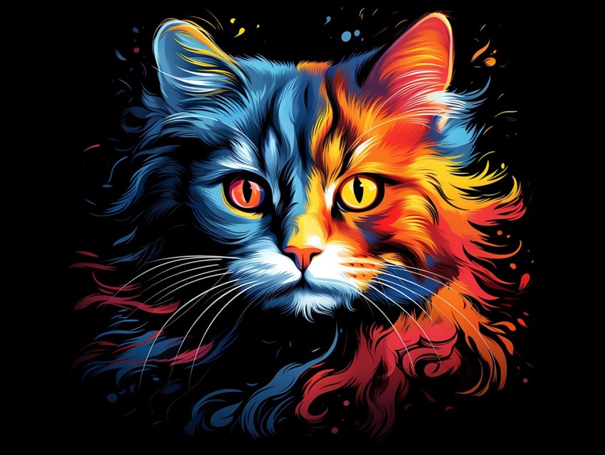 Colorful Cat Face Head Vivid Colors Pop Art Vector Illustrations Black Background (880)