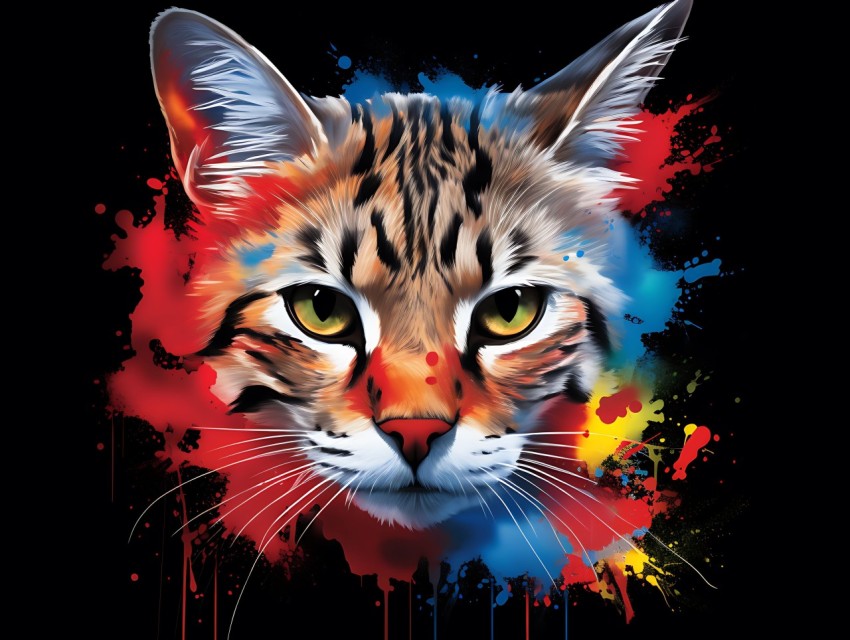 Colorful Cat Face Head Vivid Colors Pop Art Vector Illustrations Black Background (884)