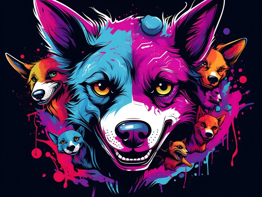 Colorful Abstract Funny Dog Face Head Vivid Colors Pop Art Vector Illustrations (415)