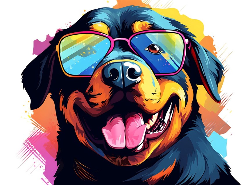 Colorful Abstract Happy Rottweiler Dog  Wearing Sunglasses Face Head Vivid Colors Pop Art Vector Illustrations (36)