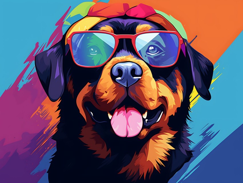 Colorful Abstract Happy Rottweiler Dog  Wearing Sunglasses Face Head Vivid Colors Pop Art Vector Illustrations (118)