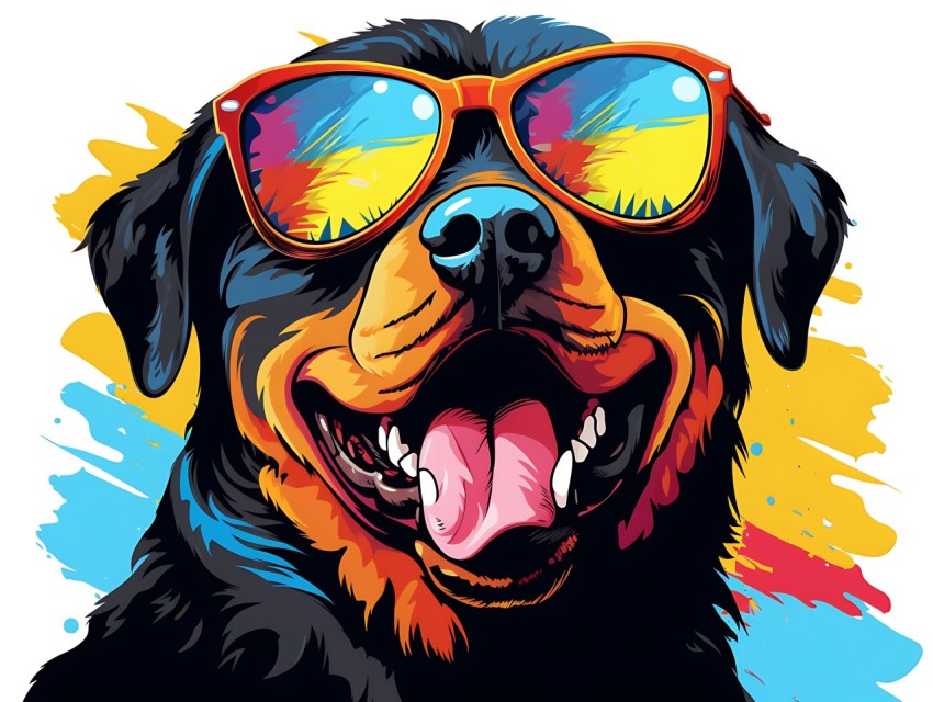 Colorful Abstract Happy Rottweiler Dog  Wearing Sunglasses Face Head Vivid Colors Pop Art Vector Illustrations (119)