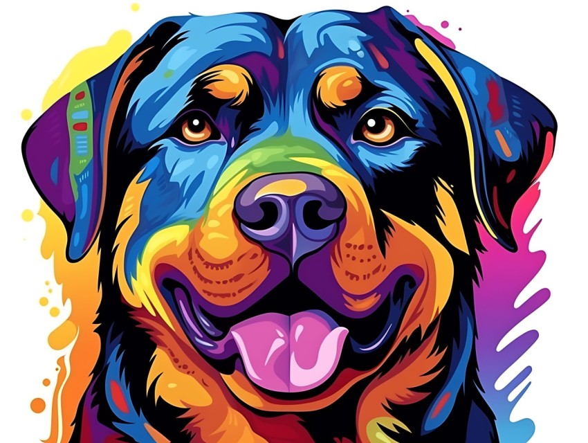 Colorful Abstract Happy Rottweiler Dog Face Head Vivid Colors Pop Art Vector Illustrations White Background (16)