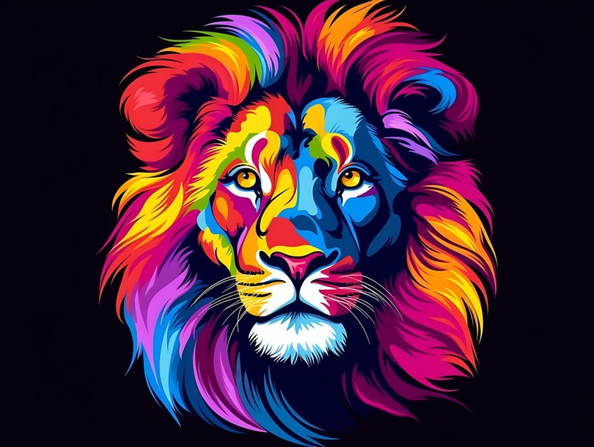 Colorful Lion Face Head Vivid Colors Pop Art Vector Illustrations Black Background (28)