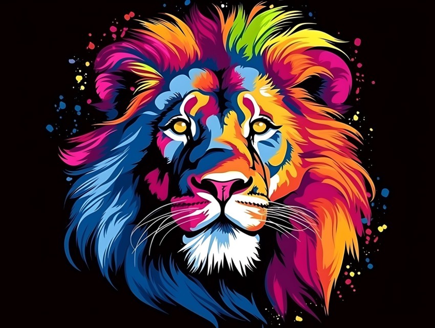 Colorful Lion Face Head Vivid Colors Pop Art Vector Illustrations Black Background (32)