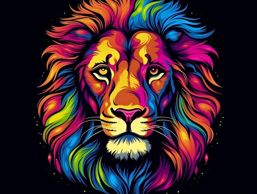 Colorful Lion Face Head Vivid Colors Pop Art Vector Illustrations Black Background (5)