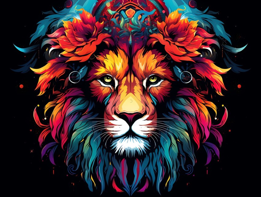 Colorful Lion Face Head Vivid Colors Pop Art Vector Illustrations Black Background (36)