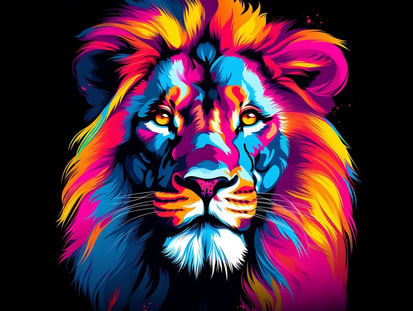 Colorful Lion Face Head Vivid Colors Pop Art Vector Illustrations Black Background (18)
