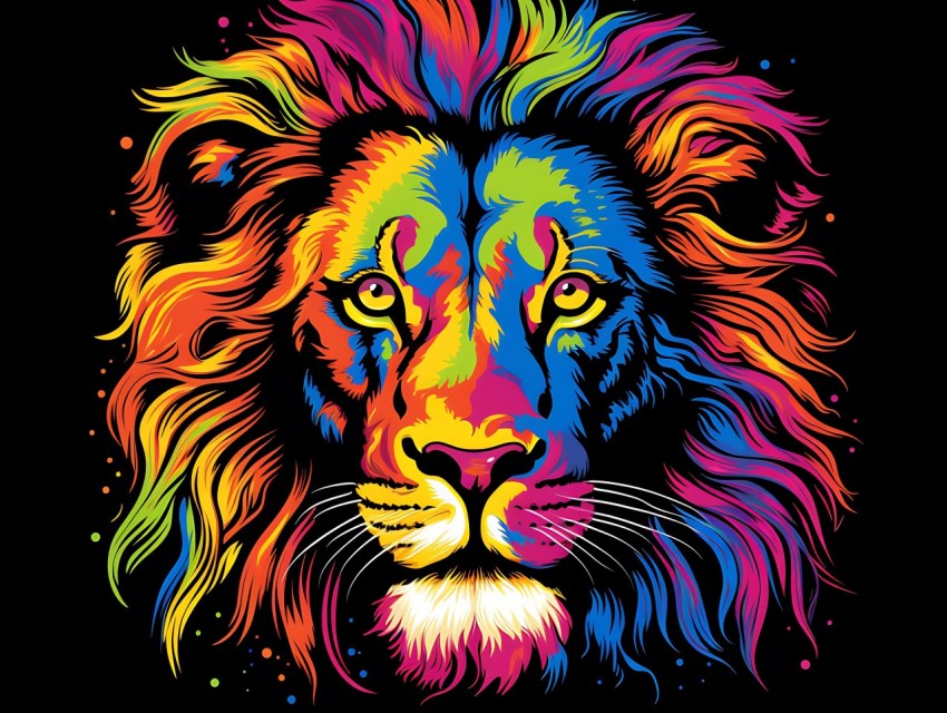 Colorful Lion Face Head Vivid Colors Pop Art Vector Illustrations Black Background (31)