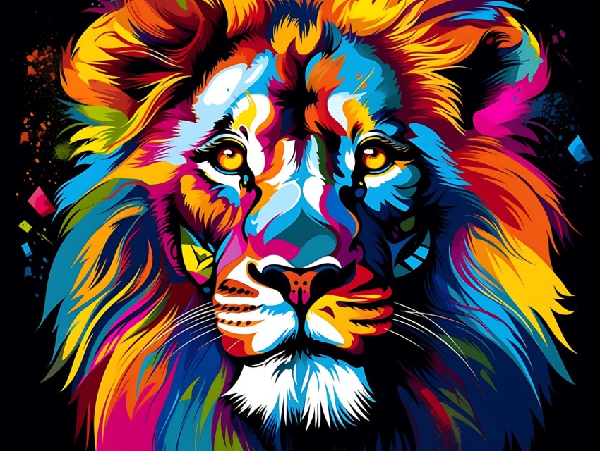 Colorful Lion Face Head Vivid Colors Pop Art Vector Illustrations Black Background (22)