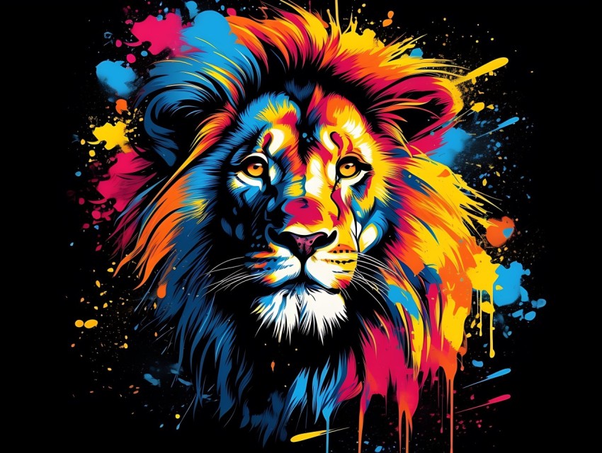 Colorful Lion Face Head Vivid Colors Pop Art Vector Illustrations Black Background (38)