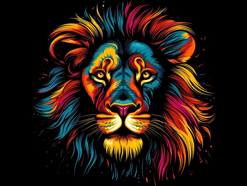 Colorful Lion Face Head Vivid Colors Pop Art Vector Illustrations Black Background (17)