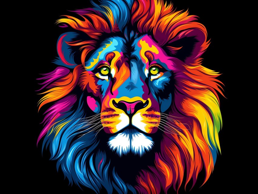 Colorful Lion Face Head Vivid Colors Pop Art Vector Illustrations Black Background (23)