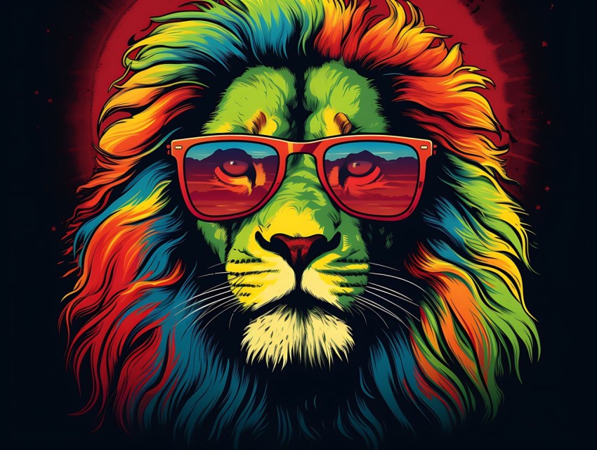 Colorful Lion Face Head Vivid Colors Pop Art Vector Illustrations Black Background (2)