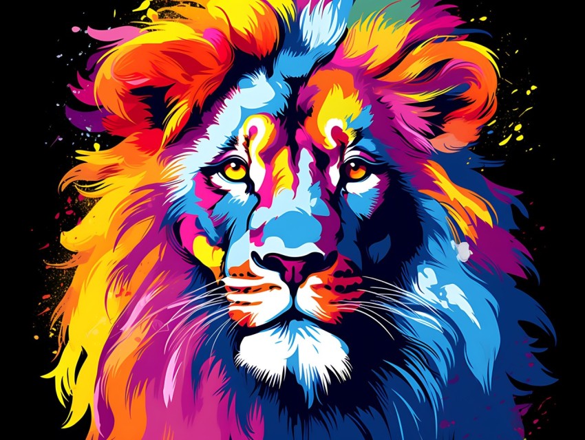 Colorful Lion Face Head Vivid Colors Pop Art Vector Illustrations Black Background (26)
