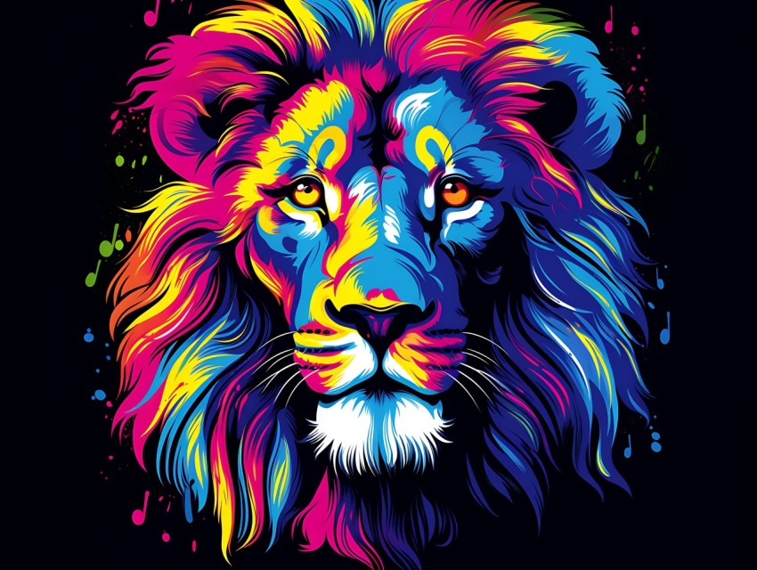 Colorful Lion Face Head Vivid Colors Pop Art Vector Illustrations Black Background (29)