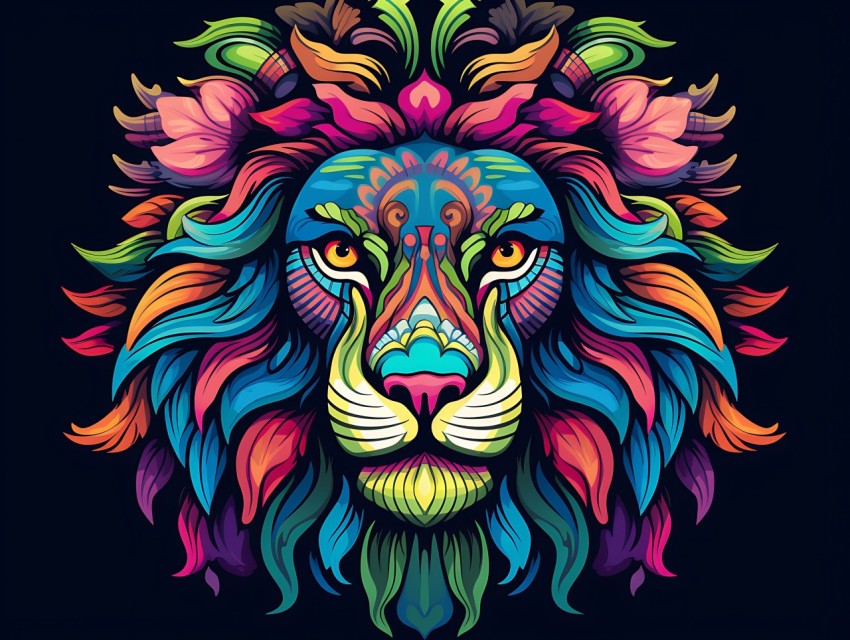 Colorful Lion Face Head Vivid Colors Pop Art Vector Illustrations Black Background (43)