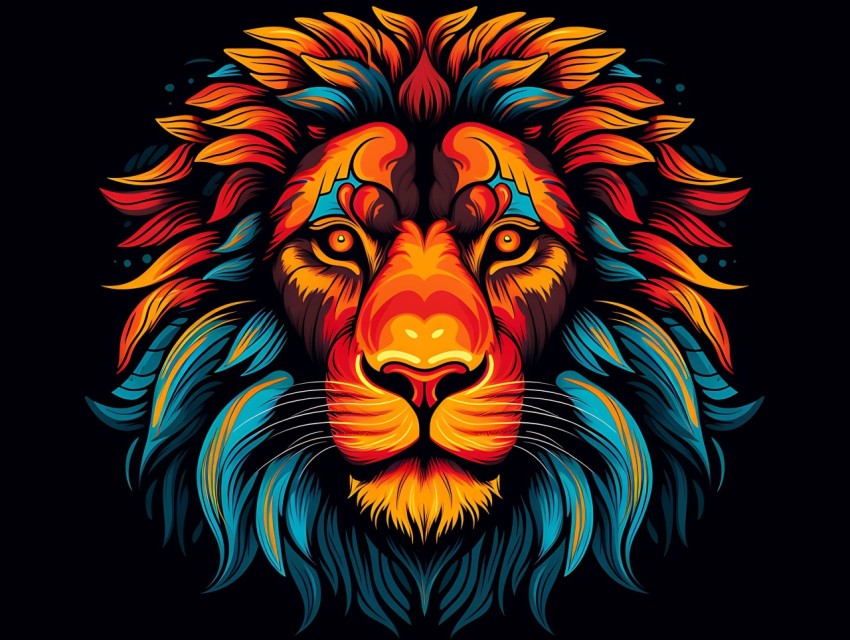 Colorful Lion Face Head Vivid Colors Pop Art Vector Illustrations Black Background (24)
